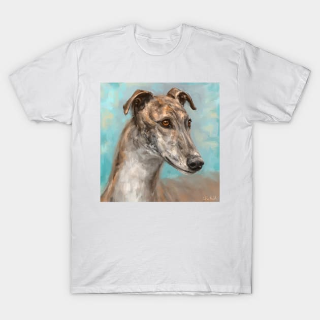 Painting of a Brown Greyhound on Bluish Background T-Shirt by ibadishi